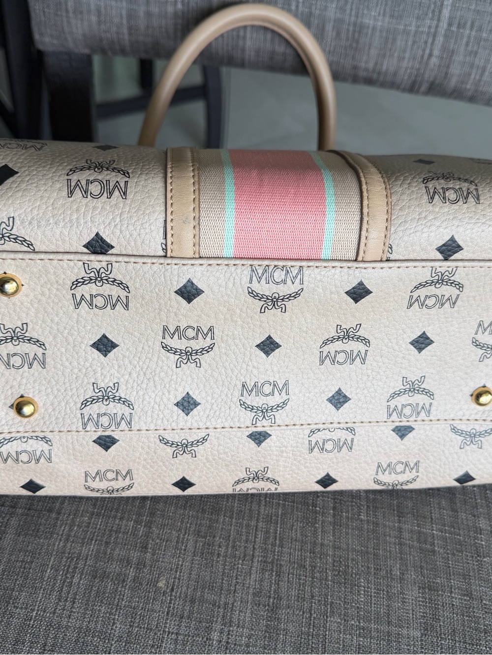 MCM Beige Satchel with Pink and Mint Center Stripe - Picture 8 of 15